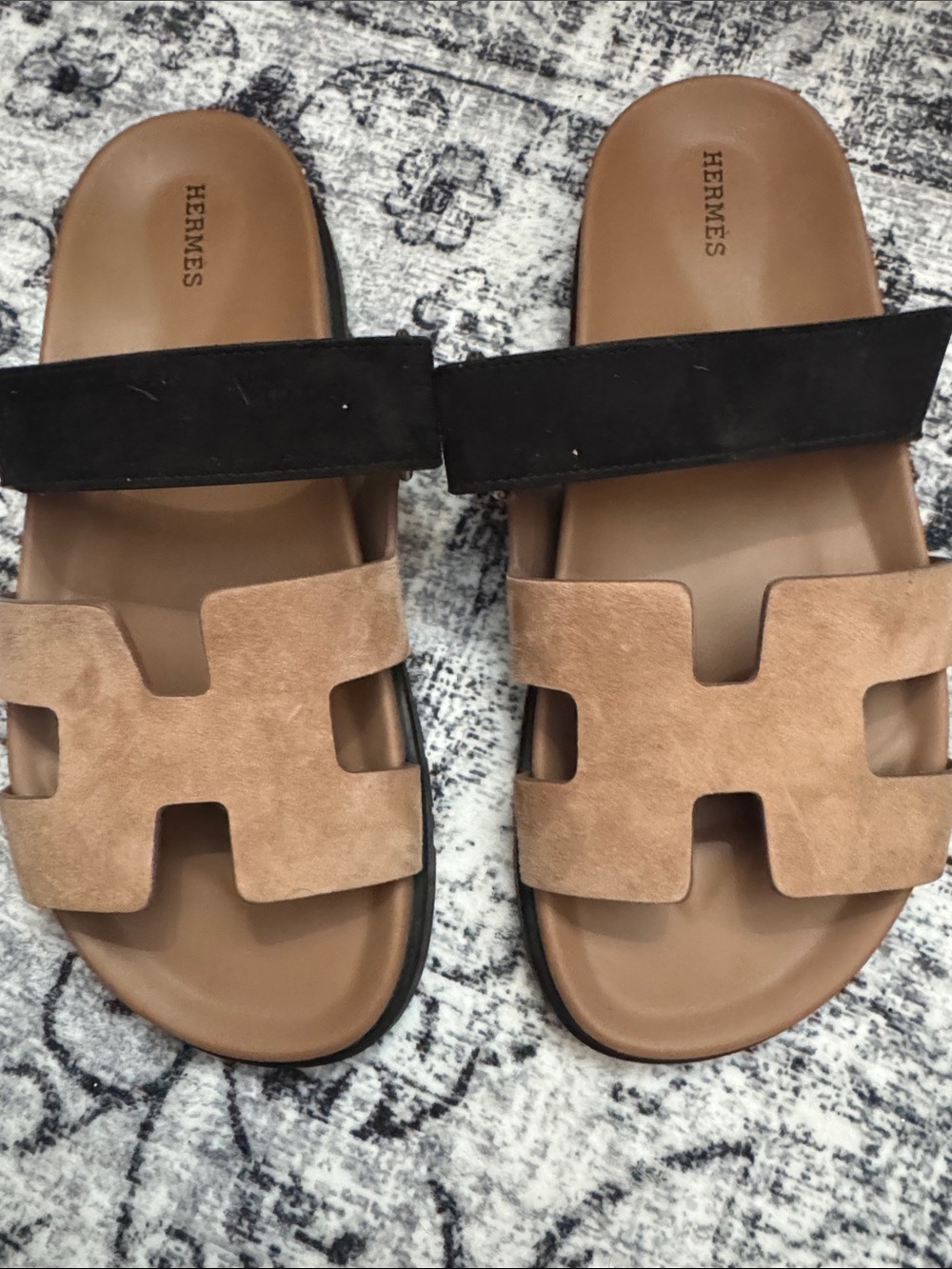 Hermès Brown Suede Slide Sandals with Black Outsoles
